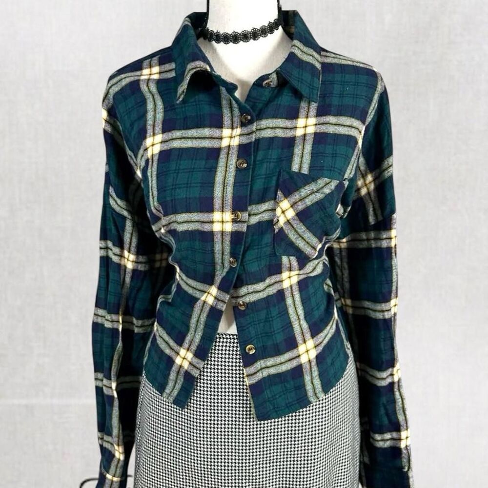 Goth Alternative Style Navy Multicolor Grunge Plaid Long Sleeve Button Up Top